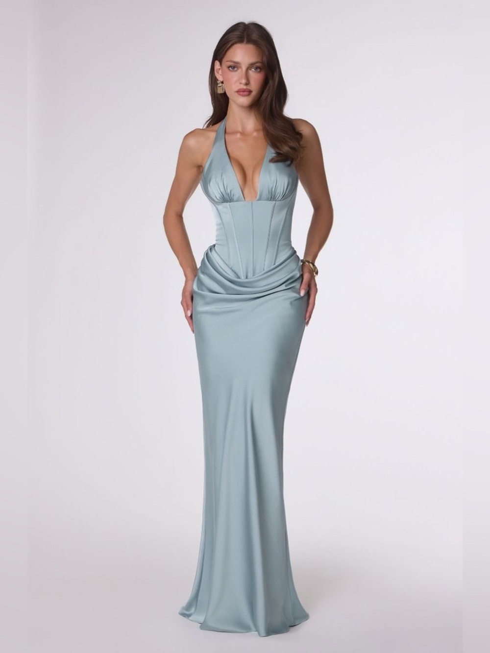AMORIS | CORINNE GOWN - PLUNGING HALTER SATIN DRESS - Blue | Size: Medium